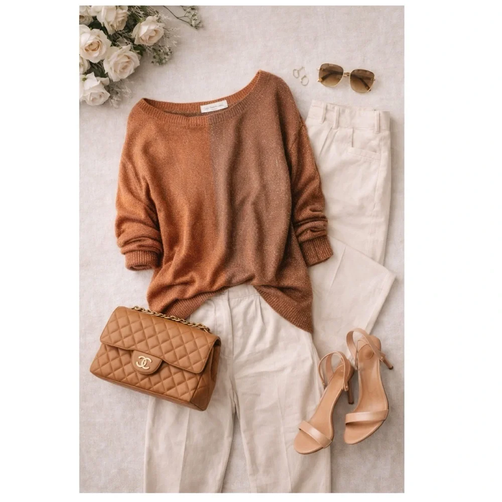 GIGI MODA $141 Argento Dual Toned Sweater Rust Brown Metallic Thread Italy Made - Picture 5 of 16